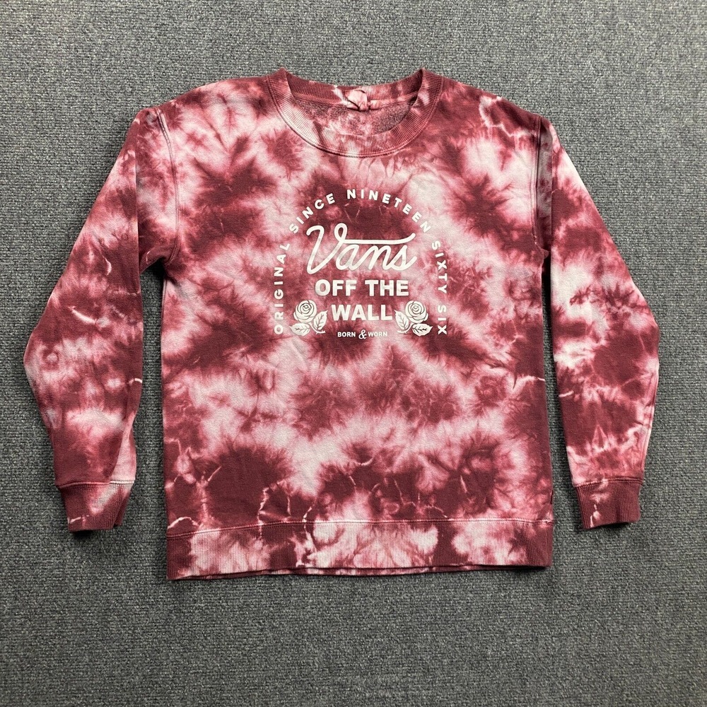 Vans Sweatshirt Adults Small Red White Tie Dye Crew Neck Logo Pullover Mens